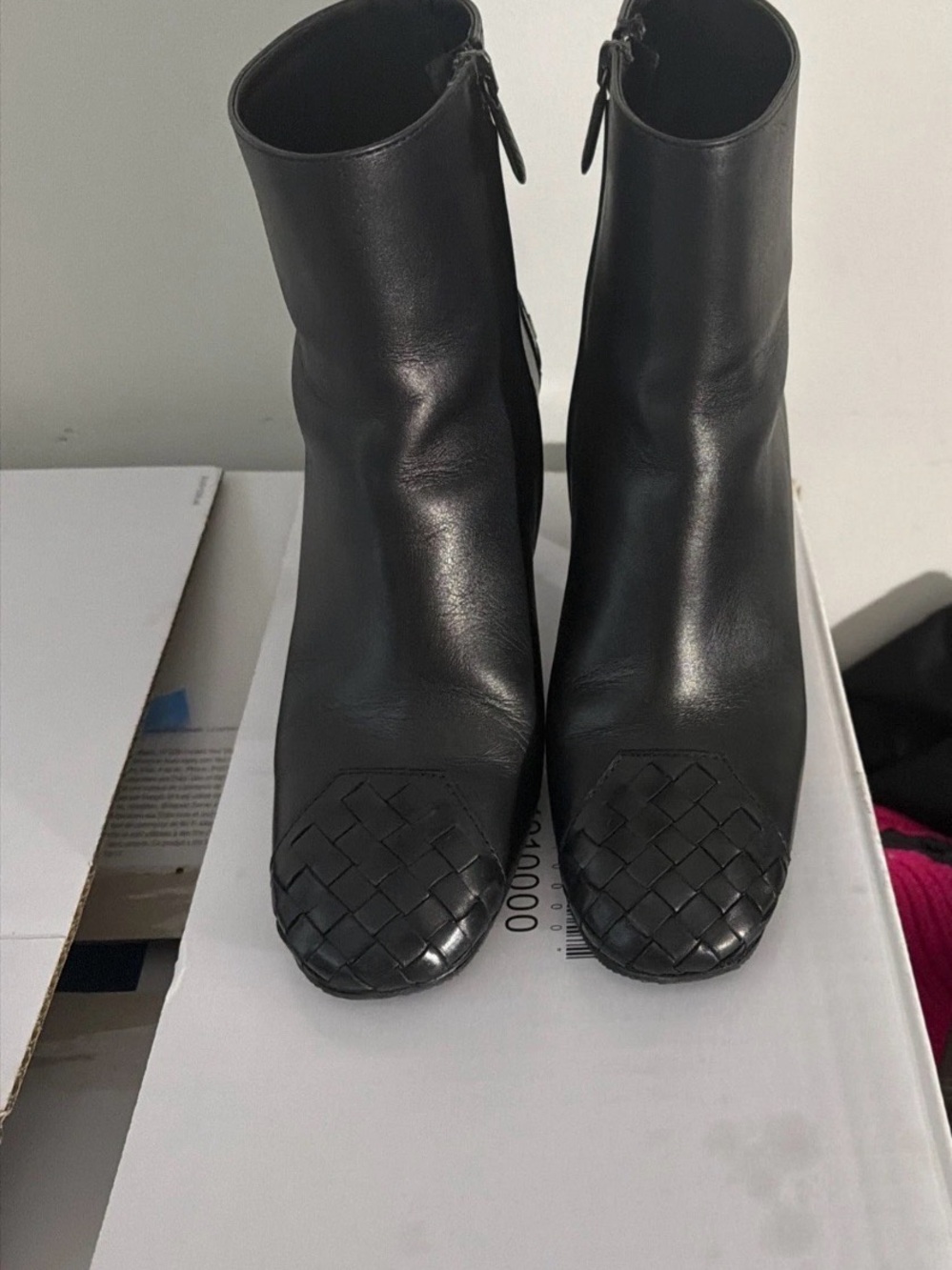 Woven Toe Black Leather Ankle Booties